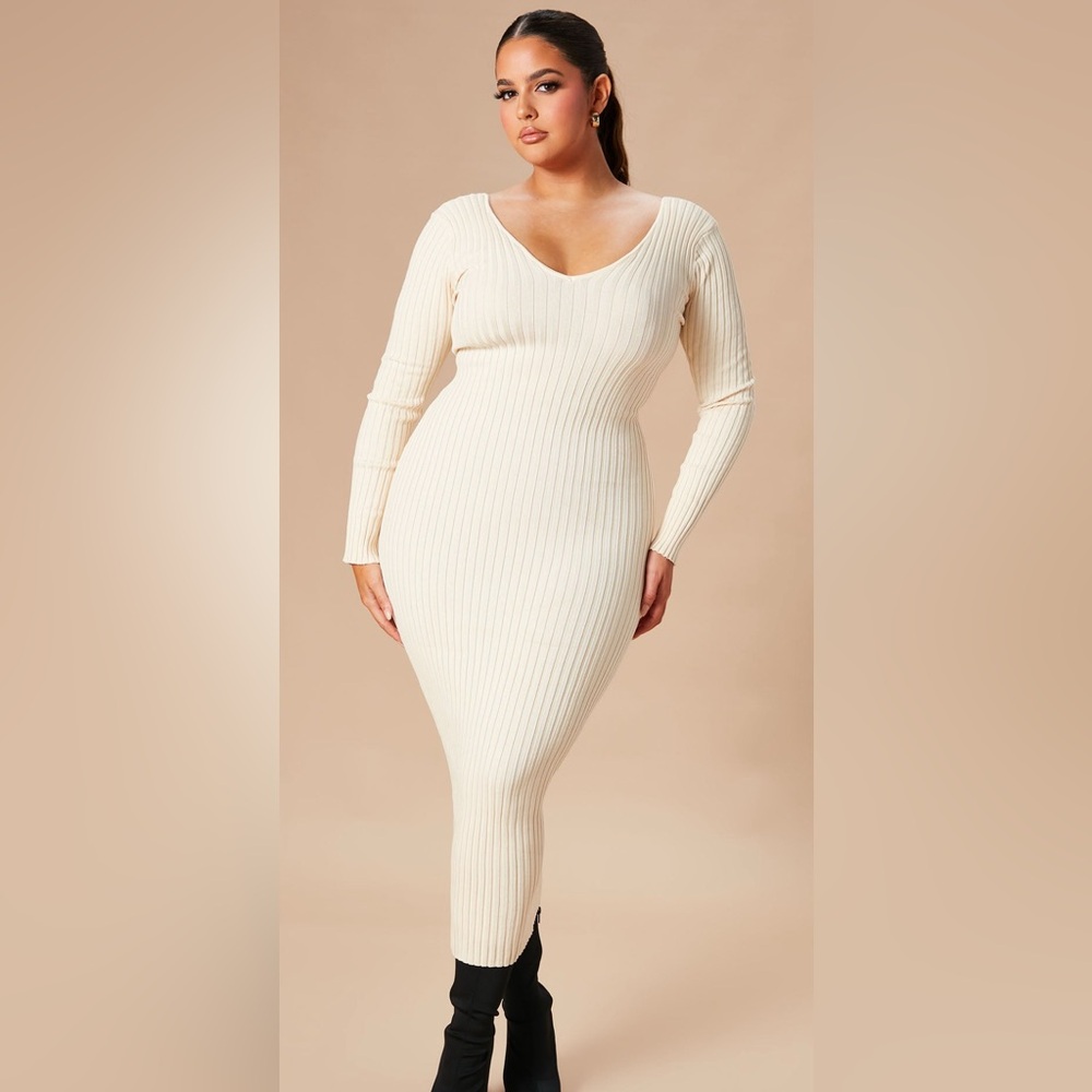 Elegant Cream Ribbed Knit Dress